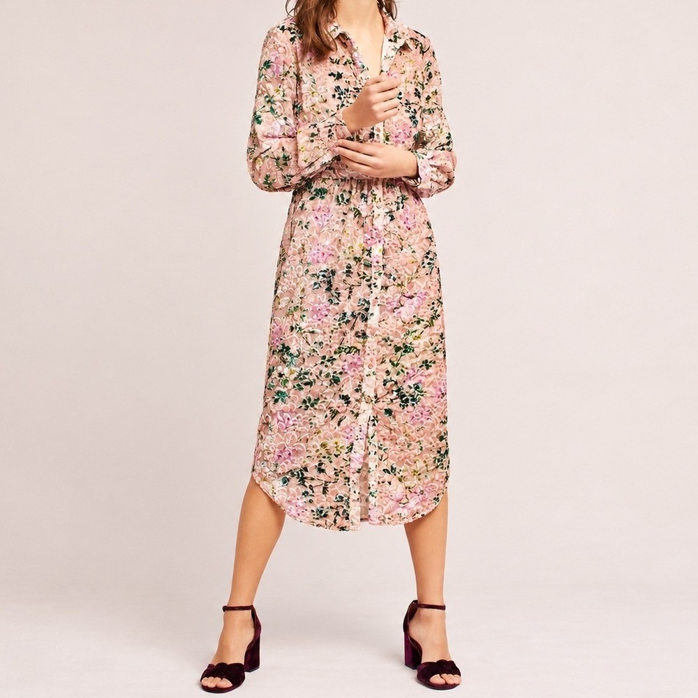 Hemant & Nandita Anthropologie Triana Floral Midi Shirt Dress Velvet Size Small